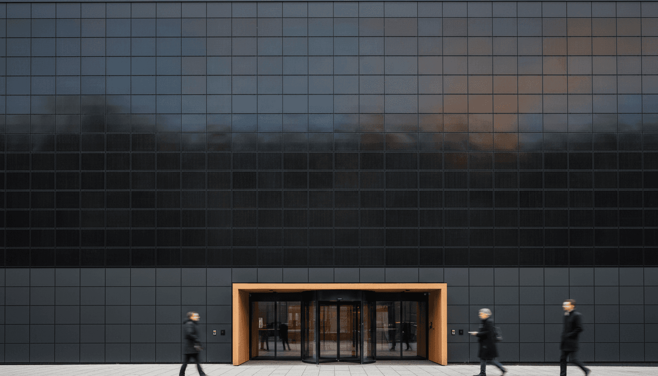 Sleek matte black solar panels integrated into a modern building facade