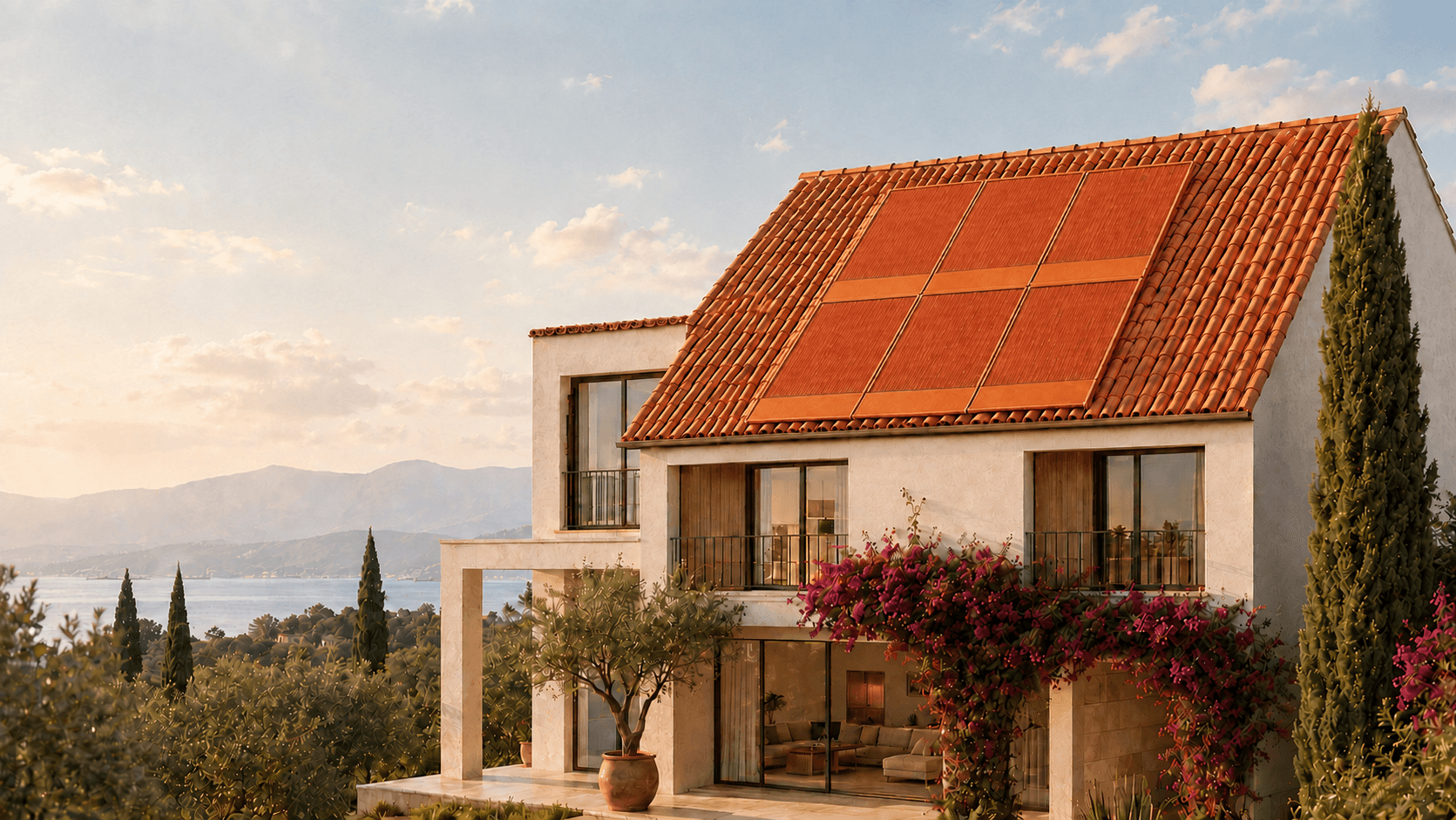 Mediterranean villa with integrated terracotta solar panels overlooking a scenic coastal landscape and mountains.