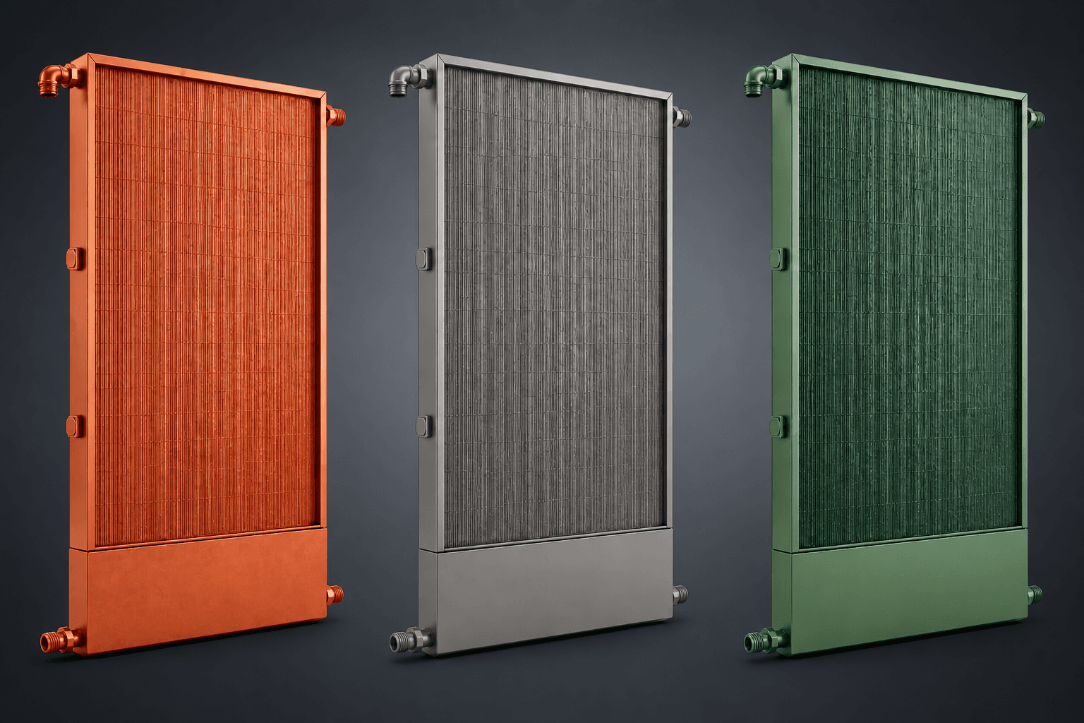 Three vertical industrial radiators in orange, grey, and green colors against a dark background.